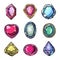 Set nine colorful gemstones various shapes sparkling cartoon style. Bright precious stones
