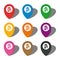 Set of nine colorful map pointers with home icon in white circle