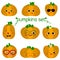 Set of nine cute kawaii pumpkin vegetable characters in different shapes, emotions and accessories in cartoon style. Vector