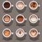 Set of nine different sorts of coffee in white cups