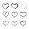 Set of nine draw the hand, love symbol hearts black outline on white background,line art and flat design, stylized design.