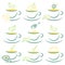 Set Of Nine Drawn Cups Of Tea Green And Yellow