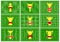 Set of nine football fields with different golden cup on different green grass ornaments