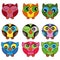 Set of nine funny oval owls in various colors