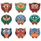 Set of nine funny oval owls in various colors