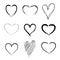 Set of nine hand drawn heart. Hand drawn rough marker hearts isolated on white background. Vector for your graphic design