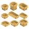 Set of nine isometric open cardboard transportation boxes, parcels isolated on white background.