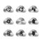 Set of nine metal cloud icons with different interface signs, on white
