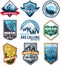 Set of nine mountain travel emblems. Camping climbing outdoor adventure emblems, badges and logo. Mountain tourism, hiking, mounta