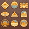 Set of nine mountain travel emblems. Camping outdoor adventure emblems, badges and logo patches. Mountain tourism