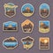 Set of nine mountain travel emblems. Camping outdoor adventure emblems, badges and logo patches. Mountain tourism