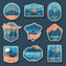 Set of nine mountain travel emblems with grunge texture. Camping outdoor adventure emblems, badges and logo patches