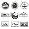 Set of nine mountain travel emblems with grunge texture. Camping outdoor adventure emblems, badges and logo patches