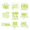 Set of nine organic food logo with lettering. Healthy food hand drawn text combinations.