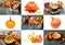 Set of nine pictures with isolated pumpkins and Autumn pictures with pumpkin soup