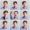 Set of nine pictures of pretty young man with different gestures and emotions