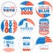 Set of nine Presidential Election campaign badges in United States of America patriotic flag colors for 2020