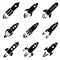 Set of nine rocket or spaceship icons isolated