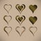 Set of nine simple isolated vector hearts with bronze metallic pattern
