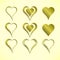 Set of nine simple isolated vector hearts with golden metallic pattern