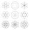 Set of nine symbols of sacred geometry. Linear character for tattoo black and dotted lines on the white