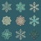 Set of Nine Vector Cute Sewn Knitted Snowflakes