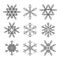 Set of nine vector simple linear snowflakes icons. Hipster black and white design elements.