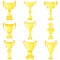 Set of nine vector trophy champion cups in gold.