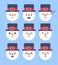 Set of nine winter emoticon. Snowman emoji. Vector illustration.