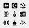 Set No sweets, Star and crescent, Wudhu, Date fruit, Muslim Mosque, Medieval goblet and Lute icon. Vector