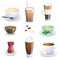 Set of non-alcoholic beverages - tea, herbal tea, hot chocolate, latte, mate, coffee. Vector illustration, isolated on white.