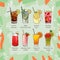 Set of non-alcoholic summer drinks. Classic and Strawberry Lemonade, Iced Tea, Mojito, Watermelon and Orange fresh