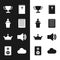 Set Notebook, Speaker, Trophy cup, Holy bible, Crown and volume icon. Vector