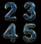 Set of numbers 2, 3, 4, 5 made of blue color glass.