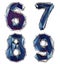 Set of numbers 6, 7, 8, 9 made of blue color glass.