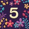 set of numbers on dark background with flowers and plants, 3d rendering, five