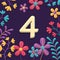 set of numbers on dark background with flowers and plants, 3d rendering, four