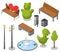 Set of objects city park with architecture, landscape garden isometric vector. Trees, fences, monuments, fountain, pond