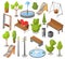 Set of objects city park with architecture, landscape garden isometric vector. Trees, fences, monuments, fountain, pond