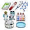 The set of objects on the subject of the chemical laboratory isolated on white background. Vector cartoon close-up