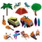 Set of objects on the theme of summer holidays. Vector isometric 3D illustration on white background