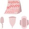 Set of objects for women`s health. Pregnancy, ovulation and menstruation. Calendar with flowers, swab, pad and menstrual cup. Pin