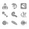 Set Octopus of tentacle, Fish steak, Seaweed, hedgehog, skeleton, head and Fisherman icon. Vector