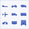 Set Off road car, Old city tram, School Bus, Bicycle, Plane, Tanker truck and Formula race icon. Vector