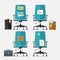 Set of office chair in flat design with resign message, vacation or holiday message, I need a job message and we need you message
