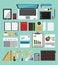 Set of office equipment in flat design. Icon collection of business work flow items .