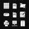 Set Office folders with papers and documents, File clip, Delete, Printer, Computer keyboard x mark, Envelope, Scotch and