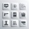 Set Office folders, Security camera, Jurors, Law book, Stamp, Pistol gun, Location law and Fingerprint icon. Vector