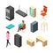 Set of office isometric icons. Server, armchair, table, cupboard and staff. Flat vector illustration