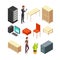 Set of office isometric icons. Server rack, table, armchair, computer, table, cupboard